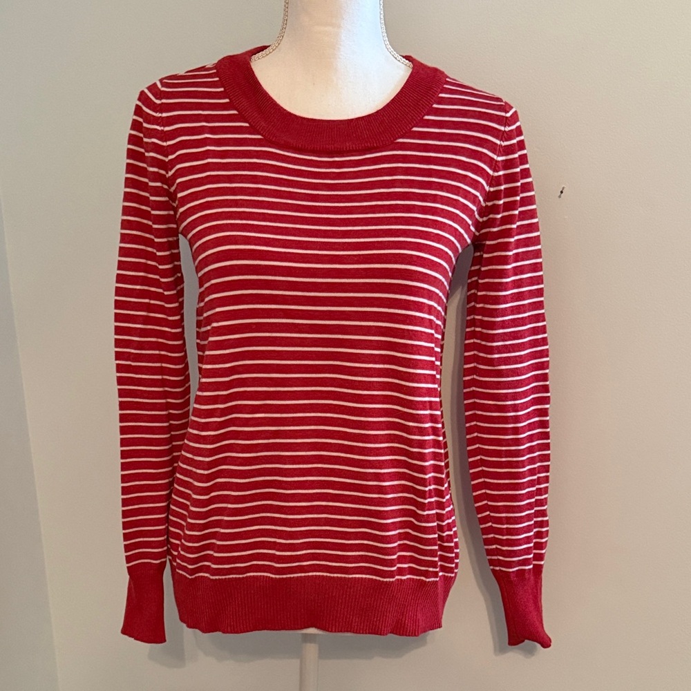 Classic Red Striped Women's Crew Neck Sweater with peek-a-boo back